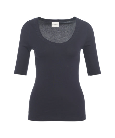 T-Shirt mit U-Boot-Ausschnitt und Dreiviertelärmeln