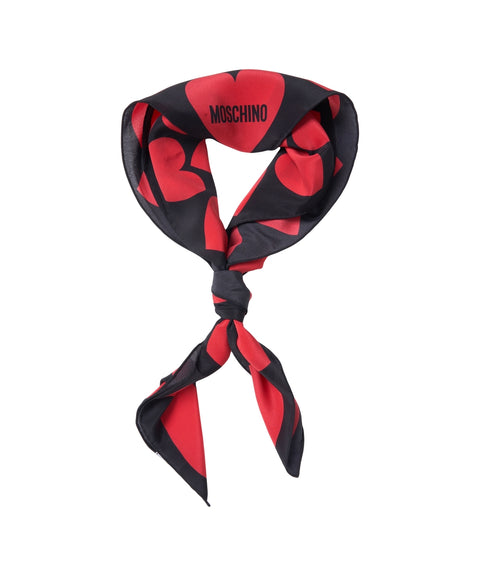 Silk foulard with heart print and logo print