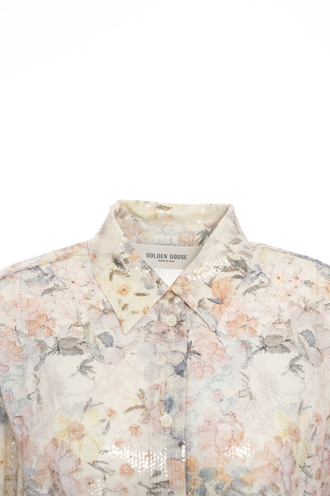 Blusa con paillettes e stampa floreale
