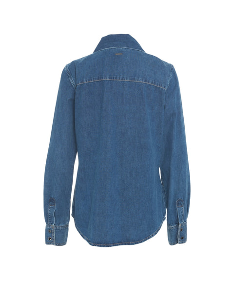 Denim Bluse mit Schleifenkragen