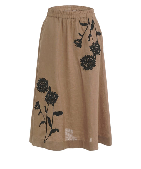 Linen midi skirt with floral embroidery