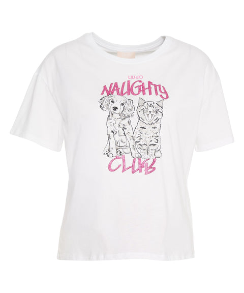 T-shirt con stampa e strass