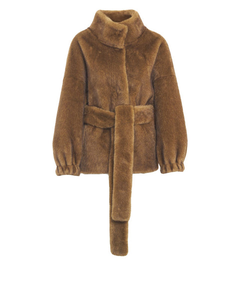 Faux fur coat with waist belt