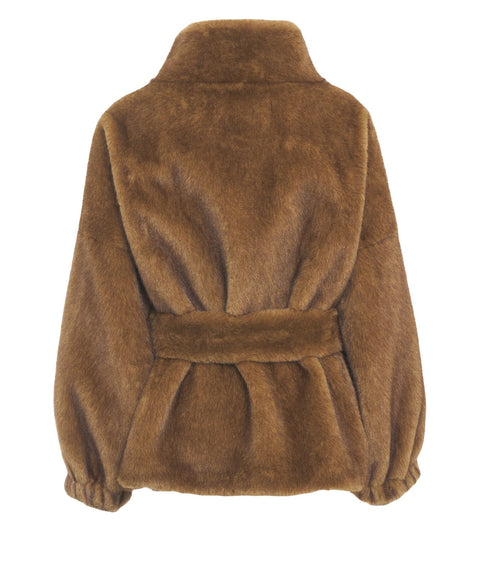 Faux fur coat with waist belt
