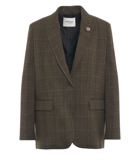 Blazer a quadri con spilla