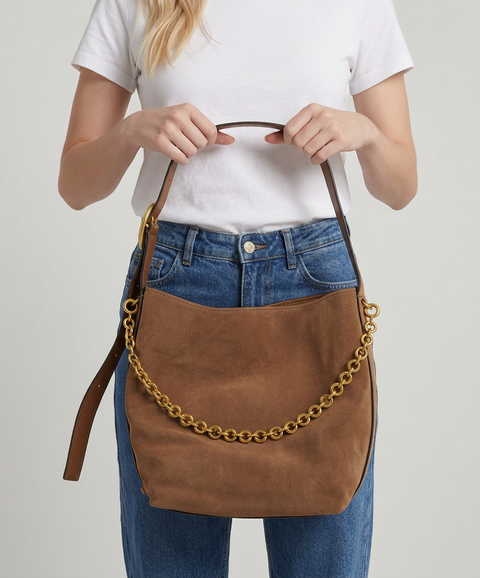 Borsa a secchiello in pelle scamosciata