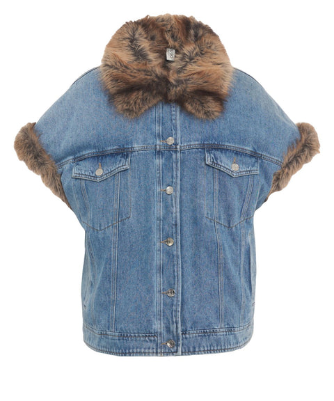 Denimweste mit Kunstpelzkragen