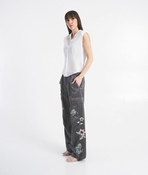 Pantaloni cargo con ricamo floreale #grigio