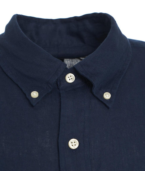 Camicia in lino con ricamo del logo #blu