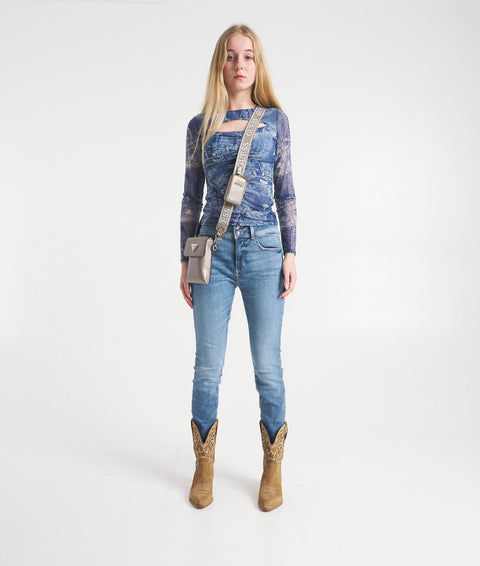 Top in tulle con stampa denim #blu