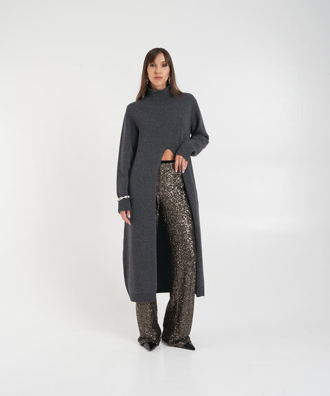 Long turtleneck sweater with front slit