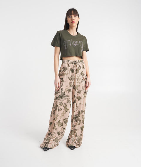 T-shirt cropped con logo in strass #verde