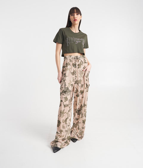 T-shirt cropped con logo in strass #verde
