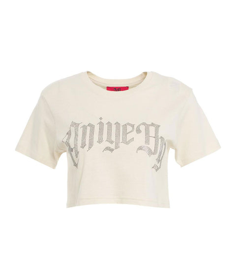 T-shirt cropped con logo in strass #beige