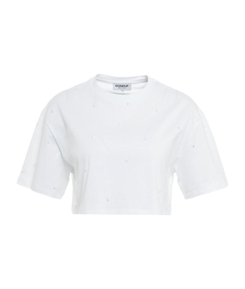 T-shirt cropped con applicazione di strass #bianco