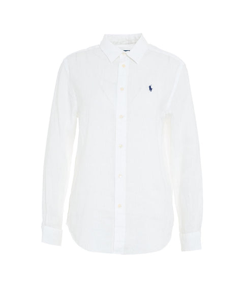Camicia in lino con ricamo del logo #bianco