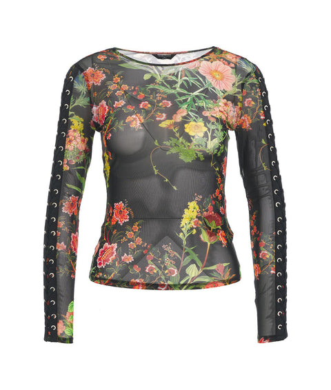 Top in tulle con stampa floreale #nero