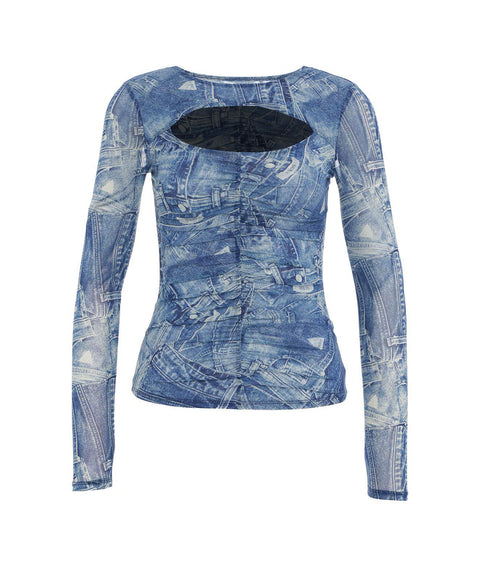 Top in tulle con stampa denim #blu