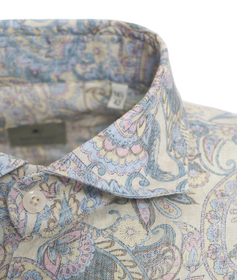 Camicia in lino con stampa paisley #blu